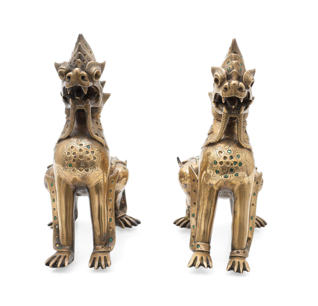 Pair Antique Burmese Cast Bronze Chinthe Temple Guardians with Glass Jewels (Code 2521)