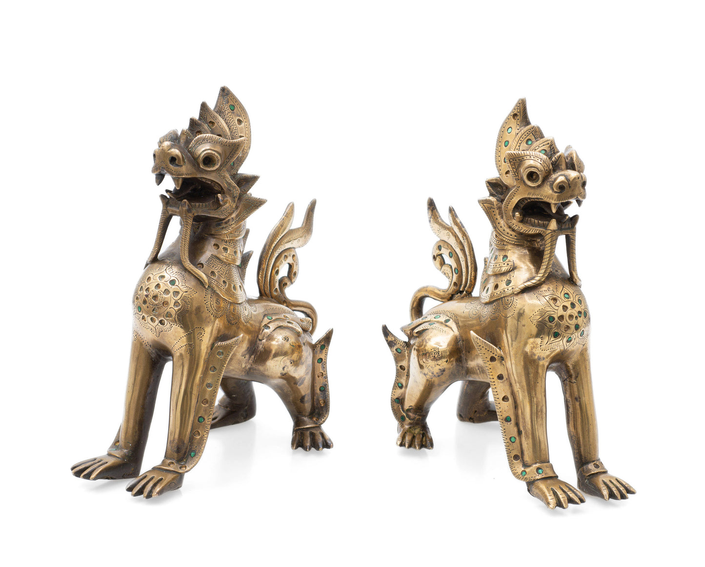 Pair Antique Burmese Cast Bronze Chinthe Temple Guardians with Glass Jewels (Code 2521)