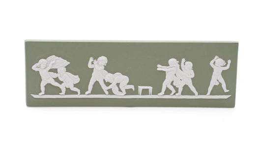 Vintage Wedgwood Green Jasperware Plaque Cherubs Playing Blind Mans Buff (Code 2525)