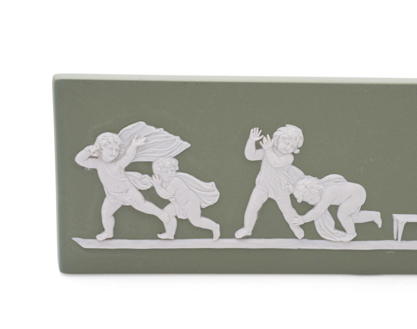 Vintage Wedgwood Green Jasperware Plaque Cherubs Playing Blind Mans Buff (Code 2525)