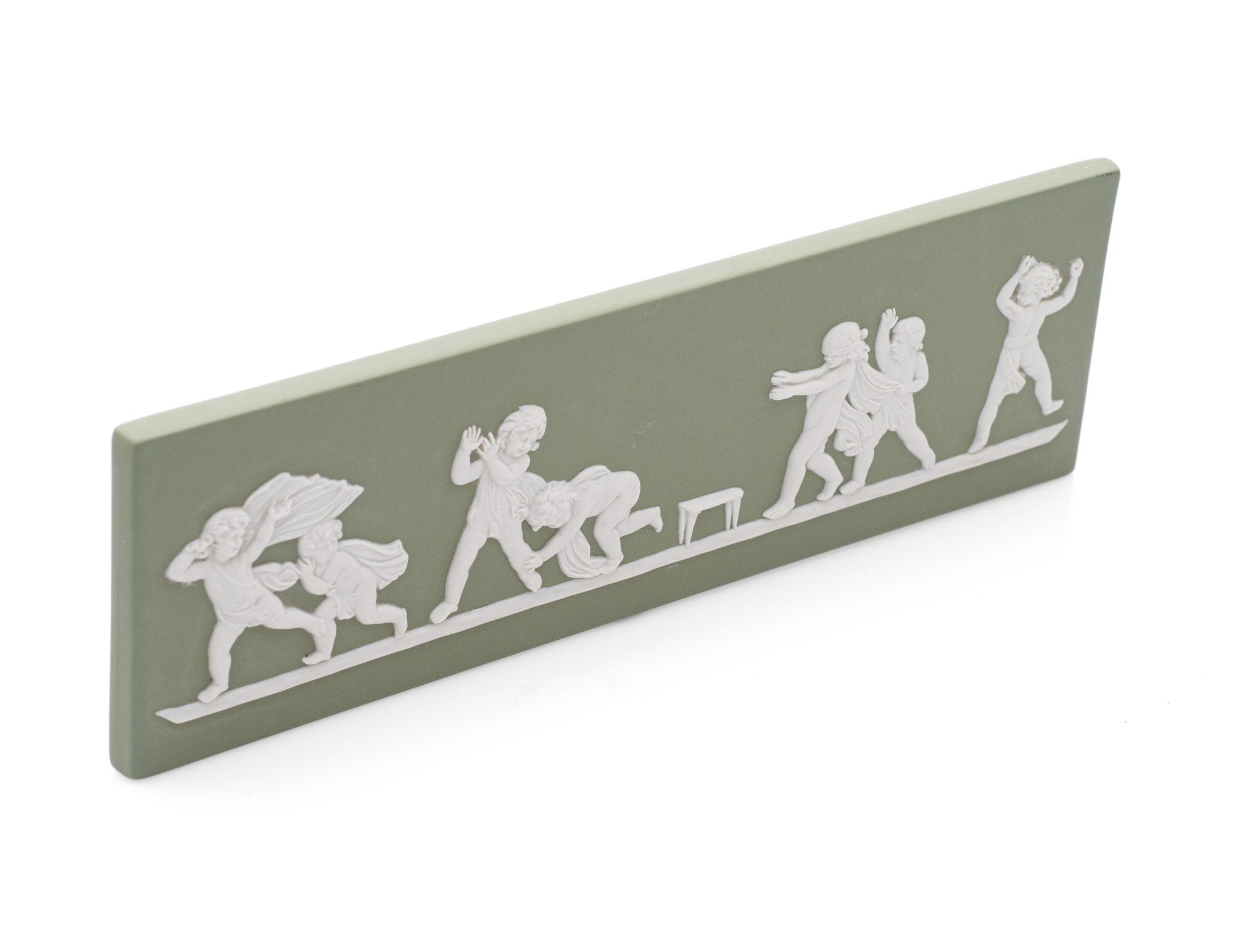 Vintage Wedgwood Green Jasperware Plaque Cherubs Playing Blind Mans Buff (Code 2525)