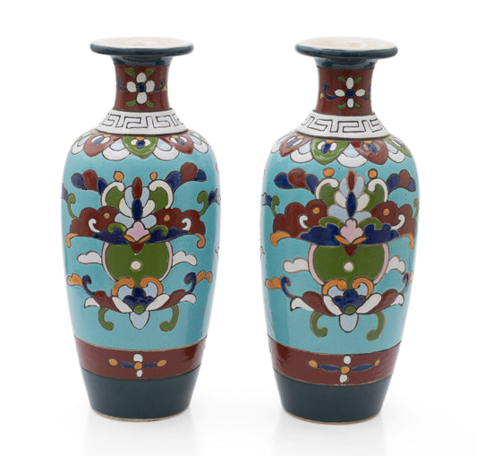 Rare Pair Antique Japanese Satsuma Pottery Cloisonne Design Vases, Meiji c1890 (Code 2527)
