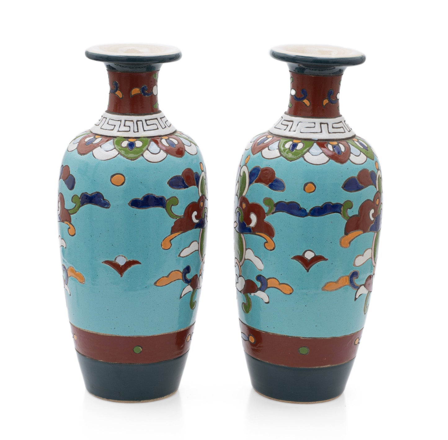 Rare Pair Antique Japanese Satsuma Pottery Cloisonne Design Vases, Meiji c1890 (Code 2527)