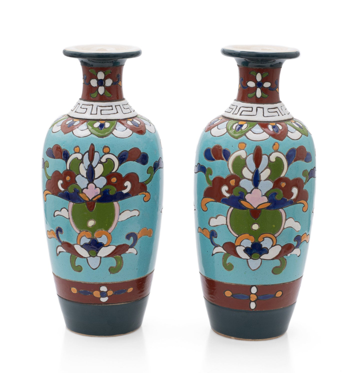 Rare Pair Antique Japanese Satsuma Pottery Cloisonne Design Vases, Meiji c1890 (Code 2527)