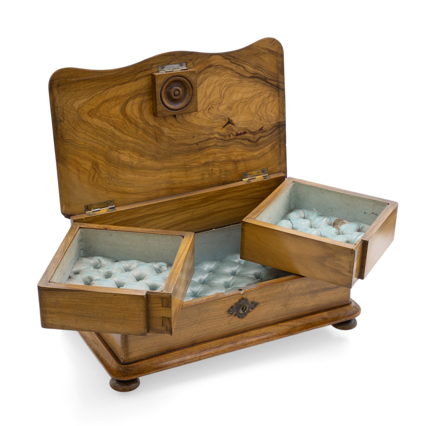 Antique Italian Olive Wood Jewellery Box with Swing Out Trays & Turned Feet (Code 2539)