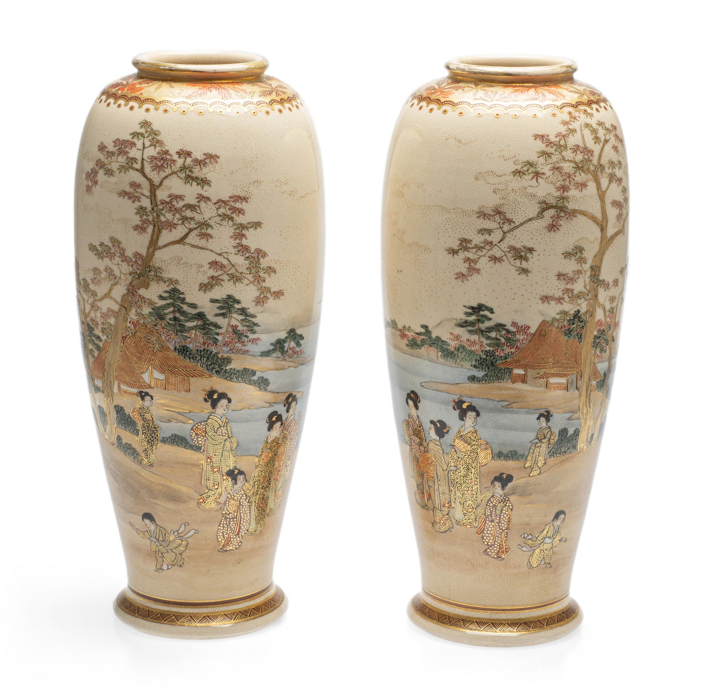 Pair Japanese Satsuma Ware Vases by Koshida - Meiji Period c1890 (Code 2546)