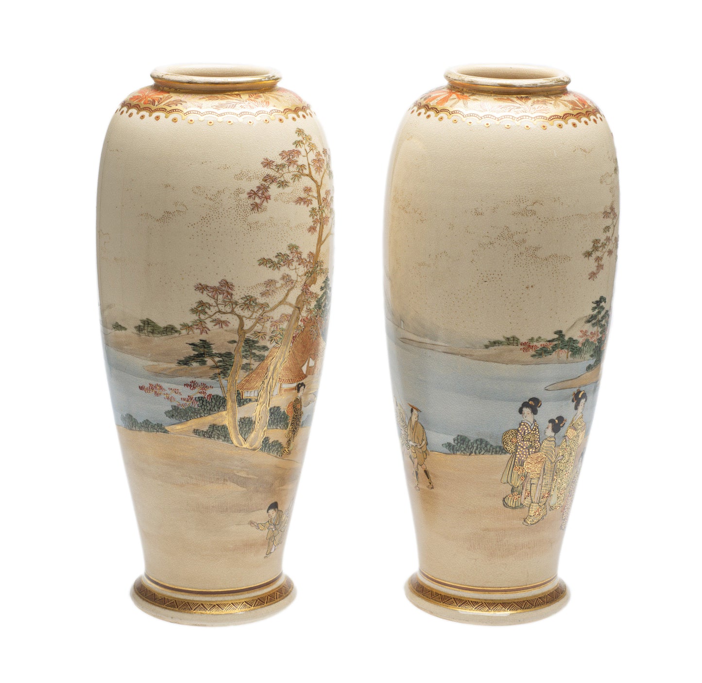 Pair Japanese Satsuma Ware Vases by Koshida - Meiji Period c1890 (Code 2546)
