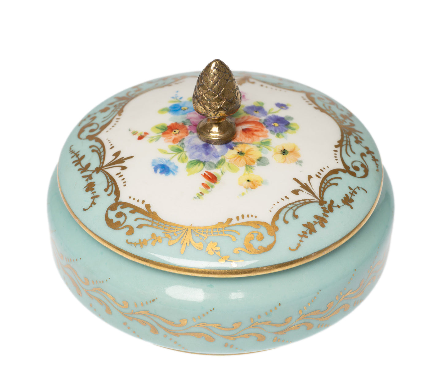 Atelier Camille Le Tallec Limoges Porcelain Hand Painted Lidded Jar - Turquoise (Code 2549)