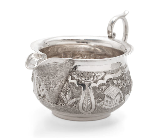 Antique Indian Sterling Silver Repousse Jug with Village Scene, Calcutta Region (Code 2552)