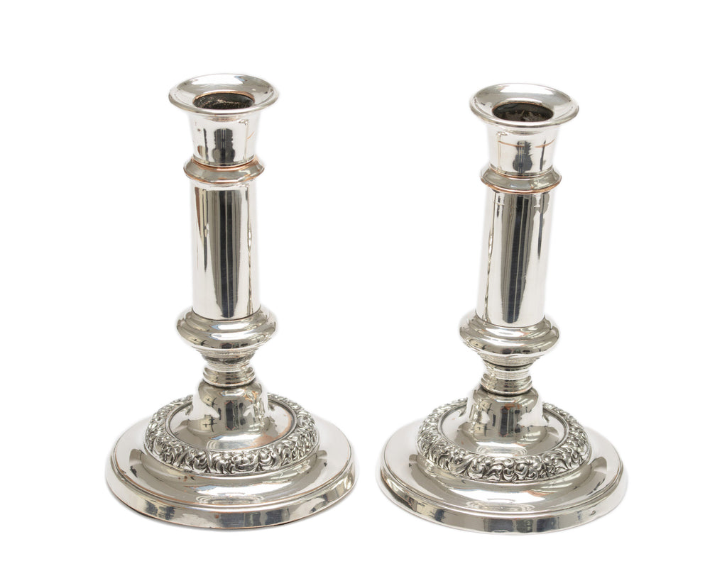 Pair Antique Silver Plated over Copper Telescopic Candlesticks - Victorian Era