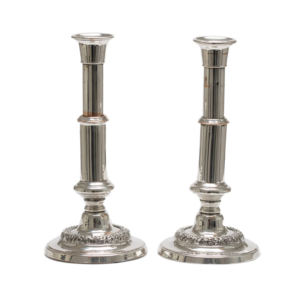 Pair Antique Silver Plated over Copper Telescopic Candlesticks - Victorian Era