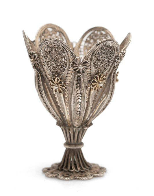 Antique Ottoman Islamic Silver Filigree Zarf of Petal Form with Flower Detail (Code 2565)