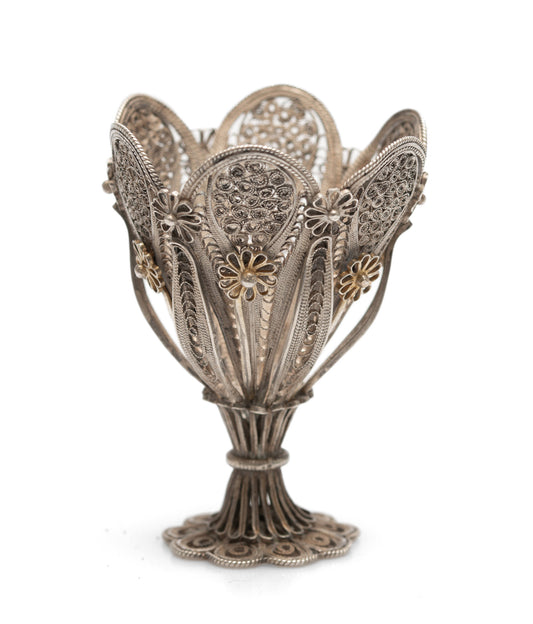 Antique Ottoman Islamic Silver Filigree Zarf of Petal Form with Flower Detail (Code 2565)