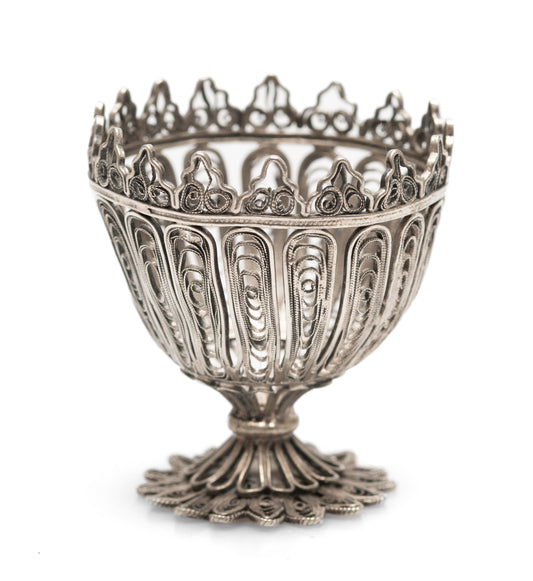 Antique Ottoman Islamic Silver Filigree Zarf With Coiled Forms & Castellated Rim (Code 2566)