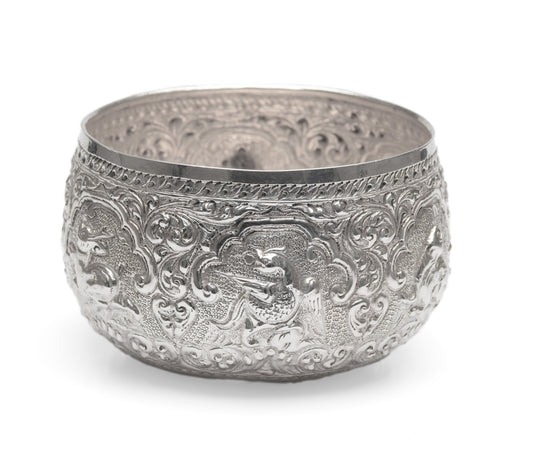 Antique Burmese Silver Thabeik Bowl with Repousse Fantastical Creatures (Code 2572)