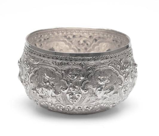 Antique Burmese Silver Thabeik Bowl with Repousse Fantastical Creatures (Code 2572)