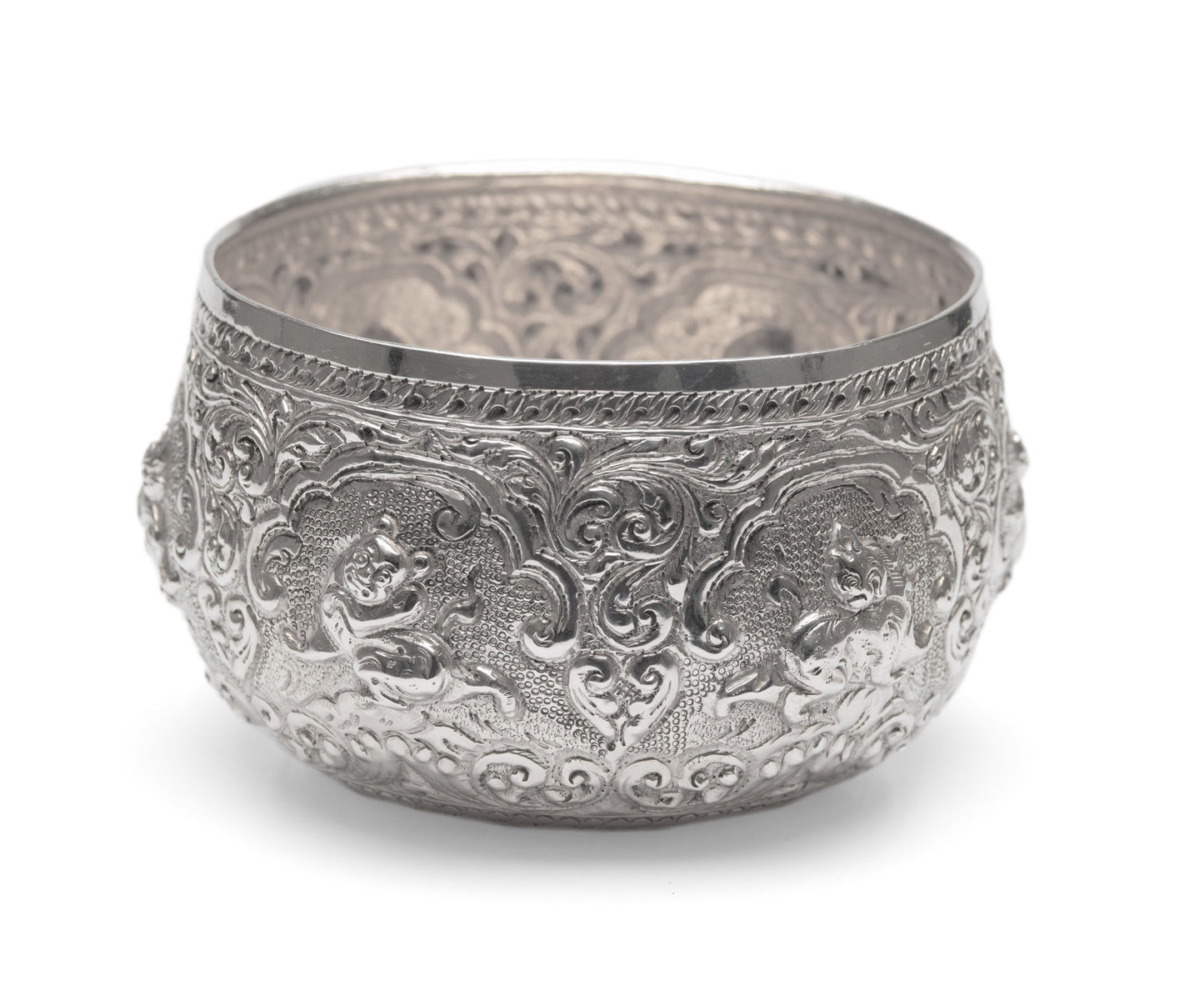 Antique Burmese Silver Thabeik Bowl with Repousse Fantastical Creatures (Code 2572)