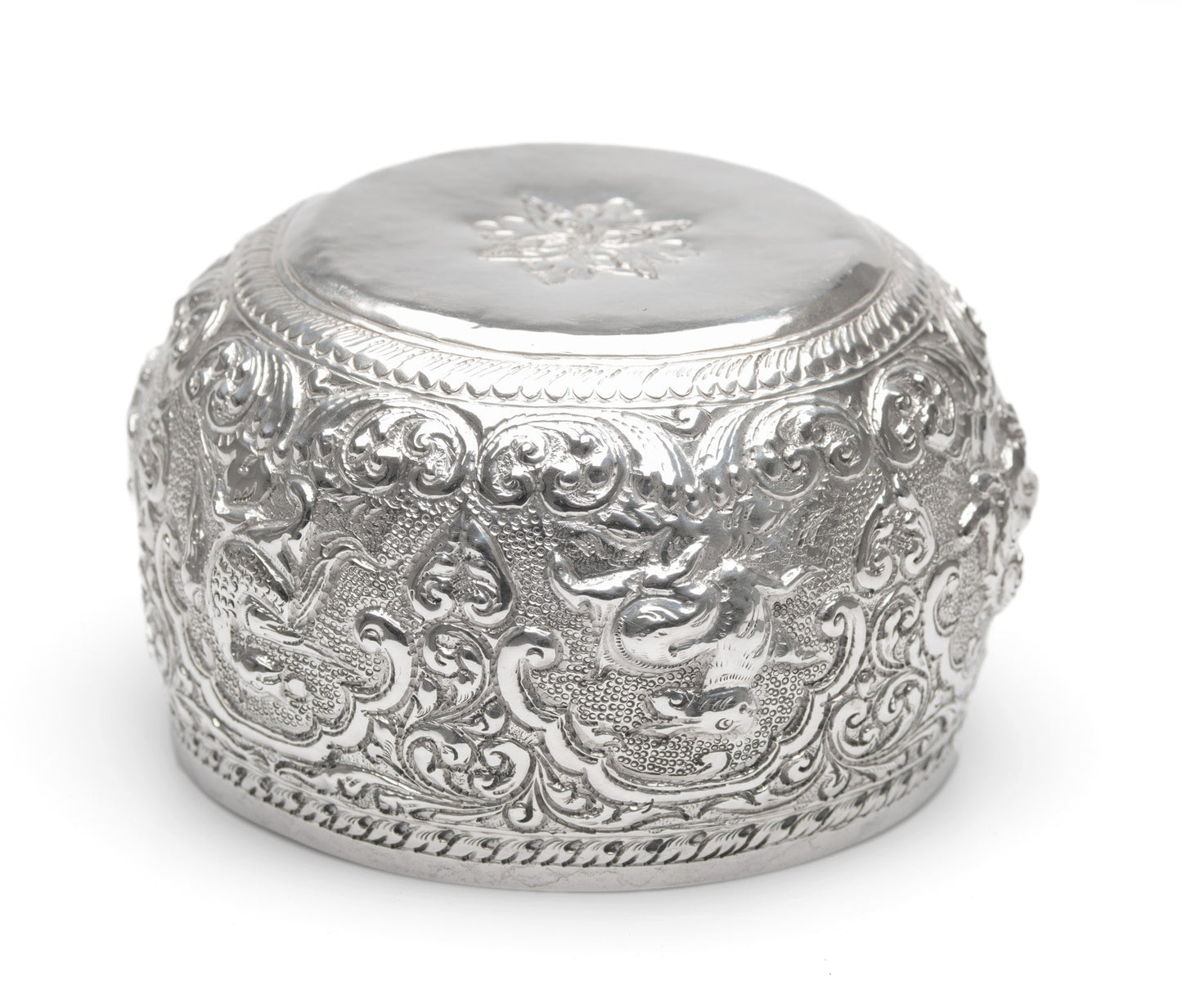 Antique Burmese Silver Thabeik Bowl with Repousse Fantastical Creatures (Code 2572)