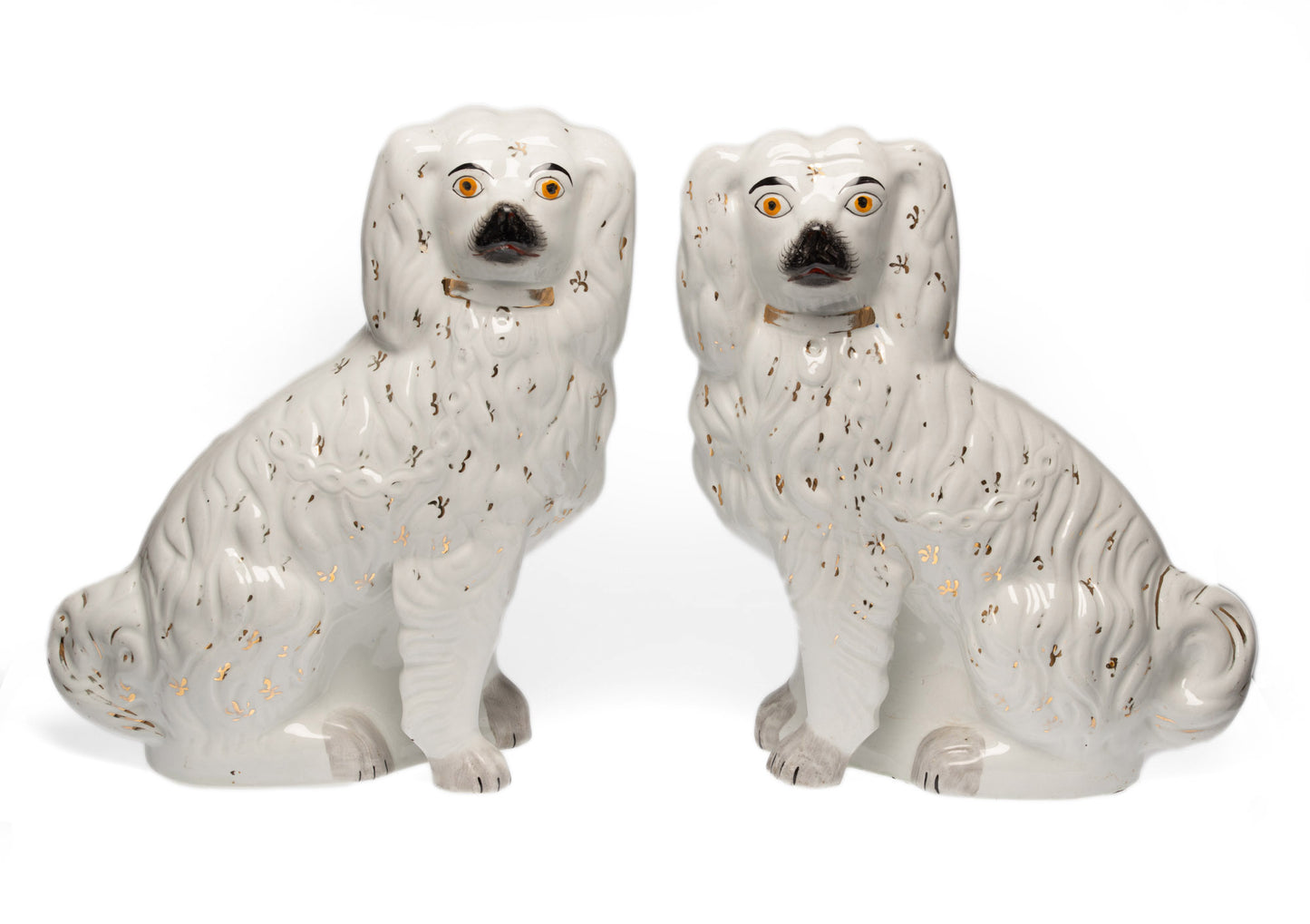 Pair Large Staffordshire Pottery Spaniel Mantle Dogs in White with Gilt c1860 (Code 2599)