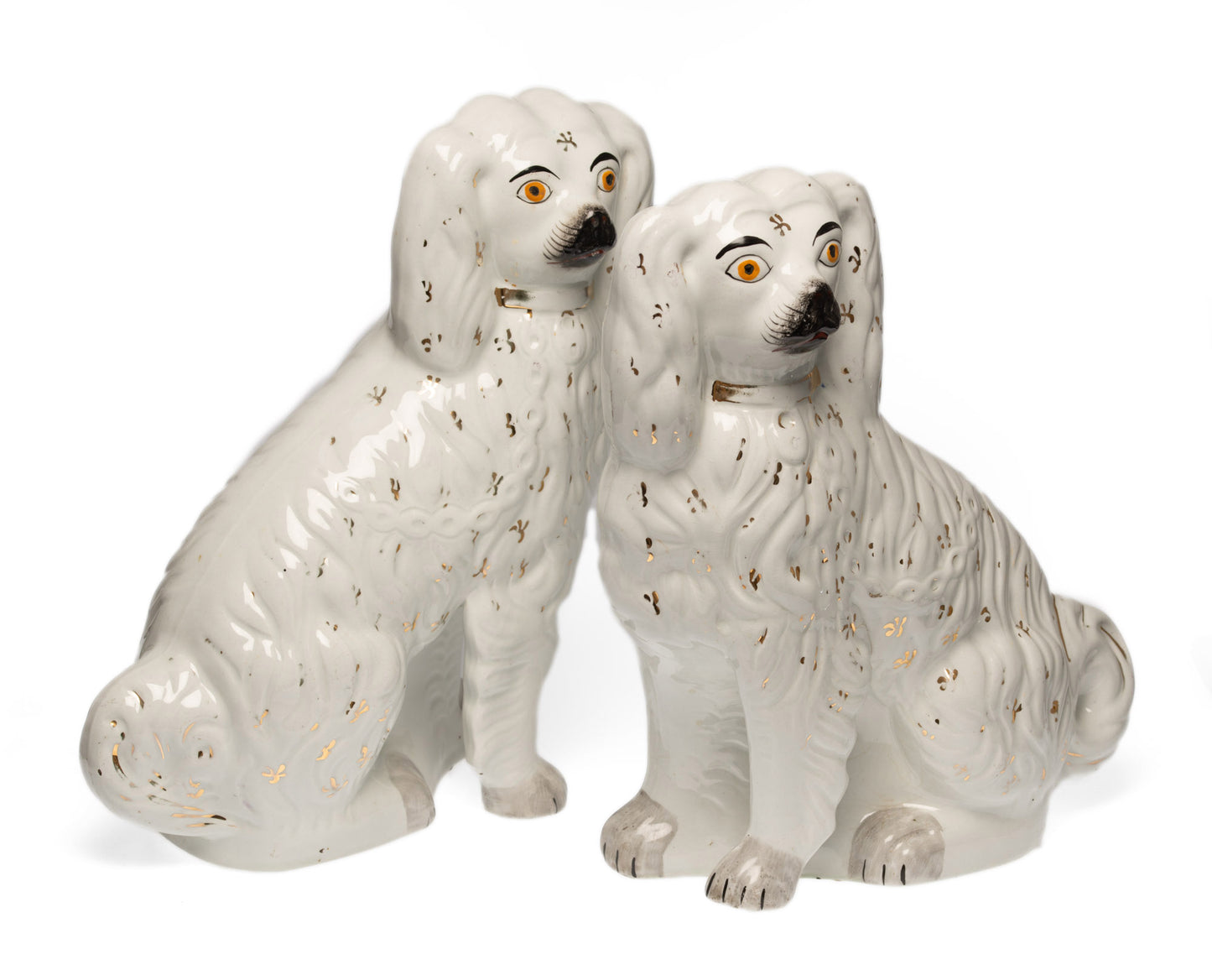 Pair Large Staffordshire Pottery Spaniel Mantle Dogs in White with Gilt c1860 (Code 2599)