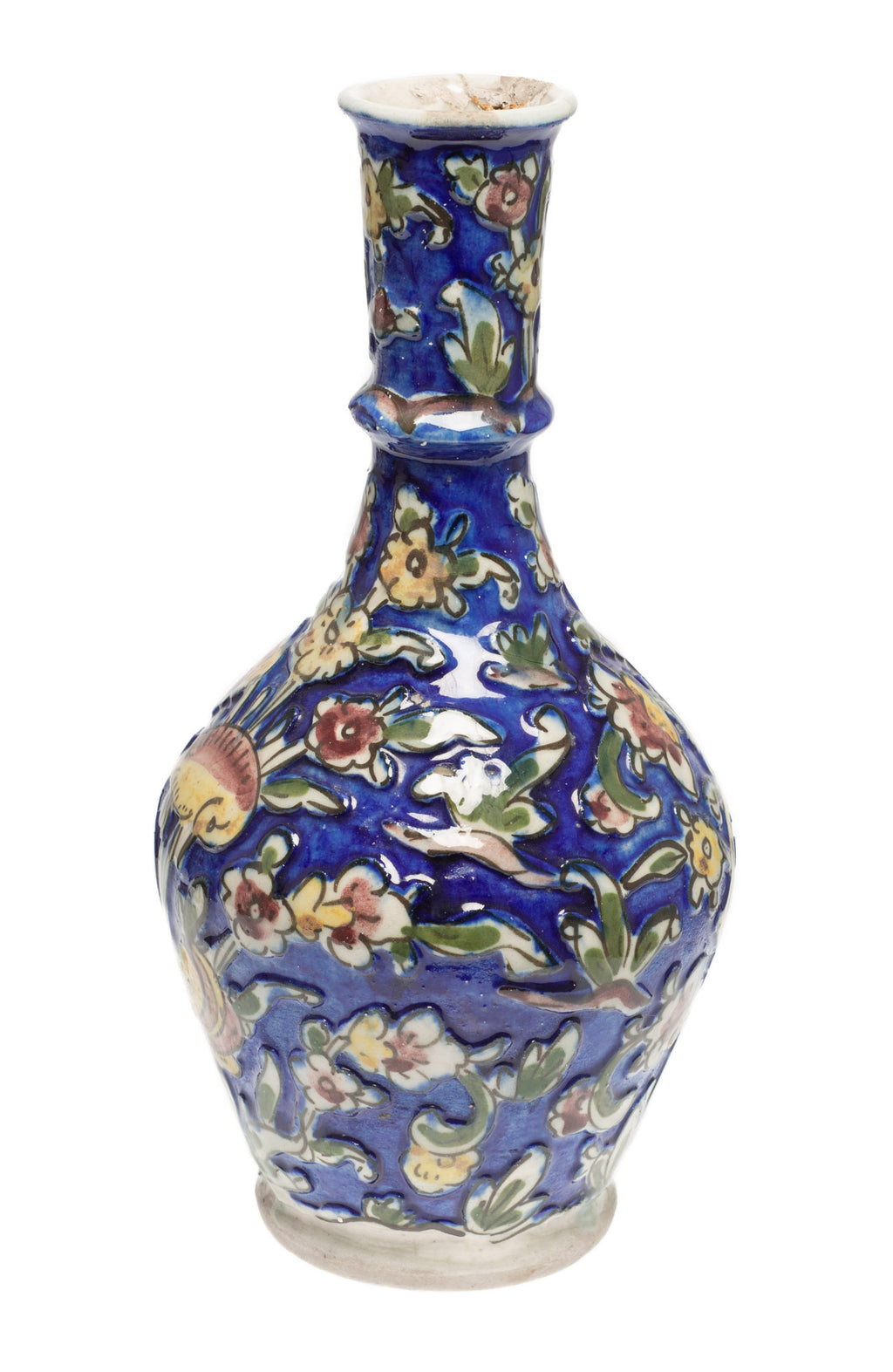 Antique Persian Qajar Carved Ground Vase in Cobalt Blue with Polychrome Birds (Code 2602)