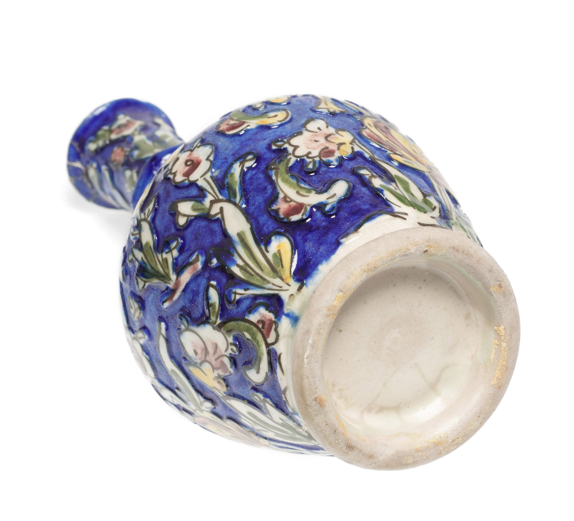 Antique Persian Qajar Carved Ground Vase in Cobalt Blue with Polychrome Birds (Code 2602)