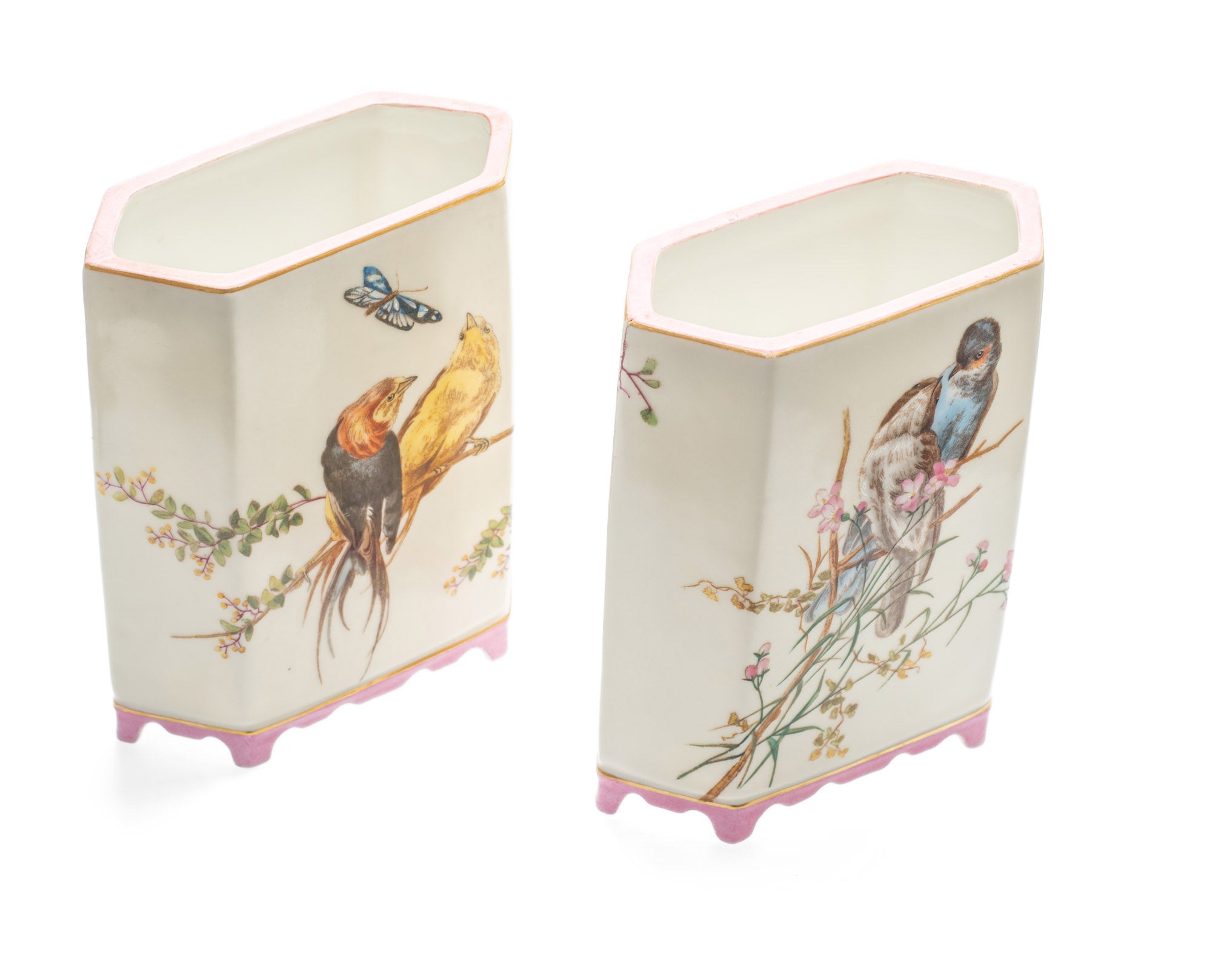 Pair Antique Aesthetic Period Porcelain Mantle Vases with Birds and Flowers (Code 2621)