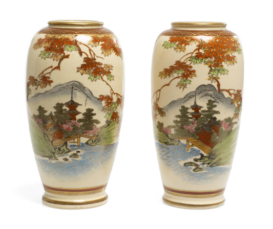 Pair Antique Japanese Satsuma Ware Vases Decorated by the Bizan Workshop (Code 2645)