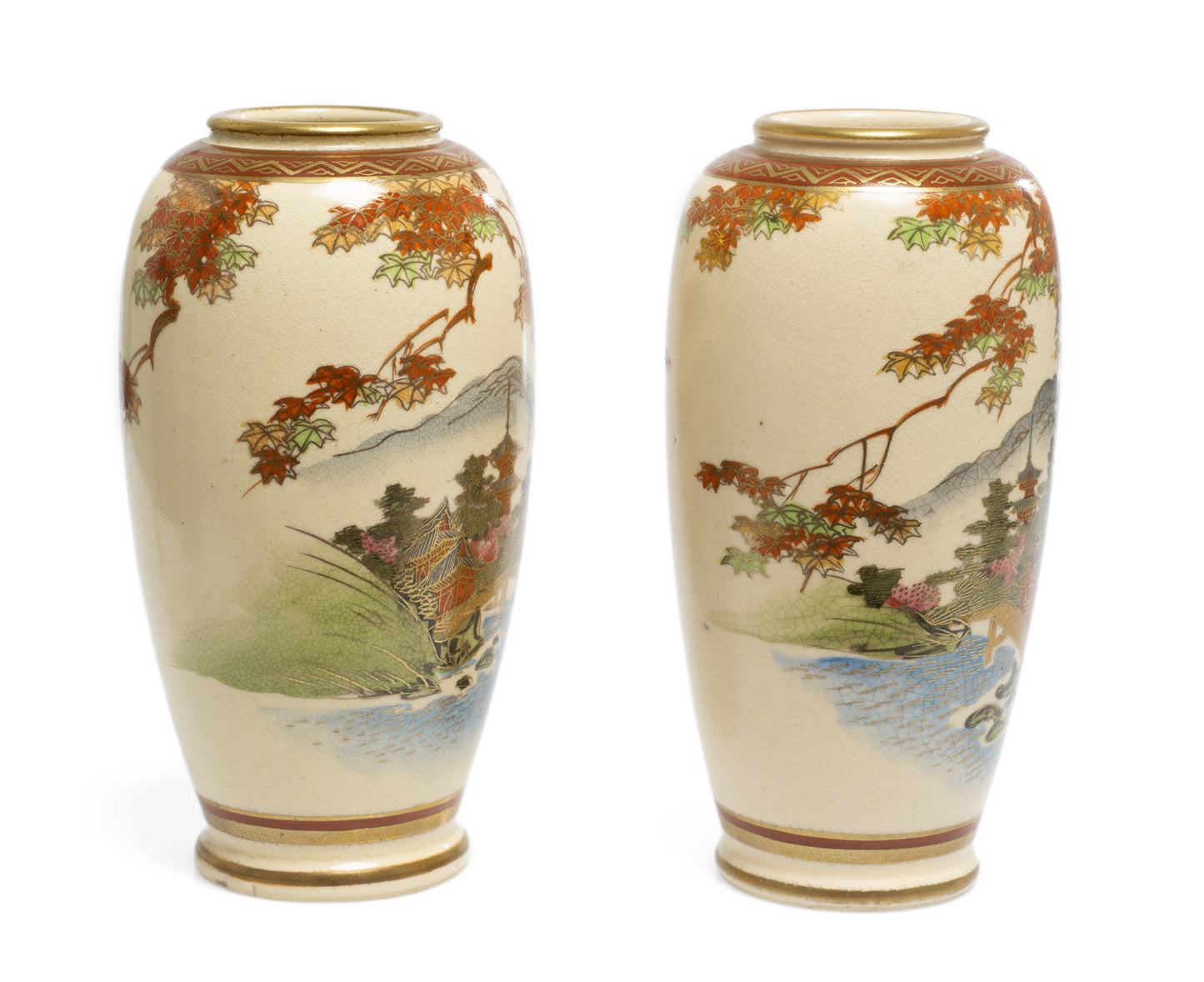 Pair Antique Japanese Satsuma Ware Vases Decorated by the Bizan Workshop (Code 2645)