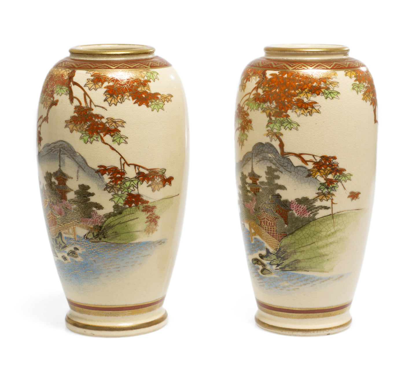 Pair Antique Japanese Satsuma Ware Vases Decorated by the Bizan Workshop (Code 2645)