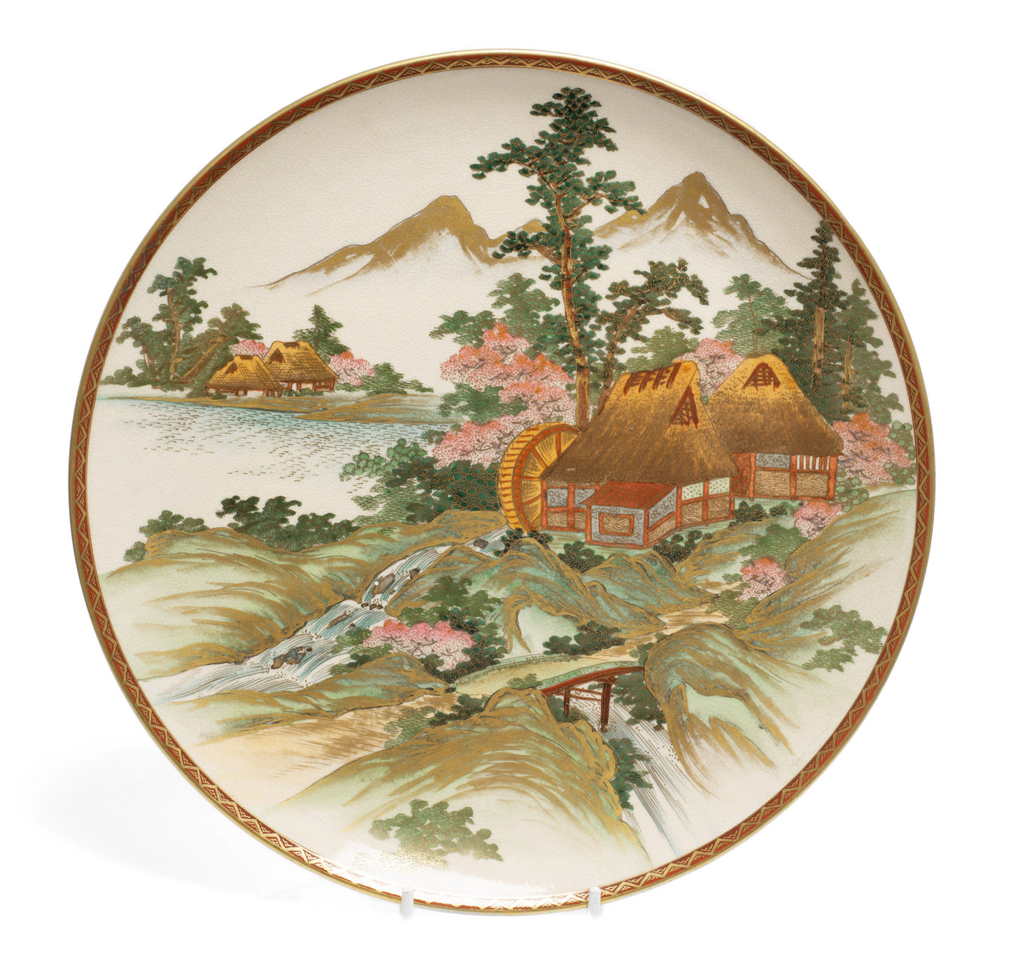 Japanese Satsuma Ware Pottery Plate with Watermill & Mountains by Yuzan - Meiji (Code 2646)