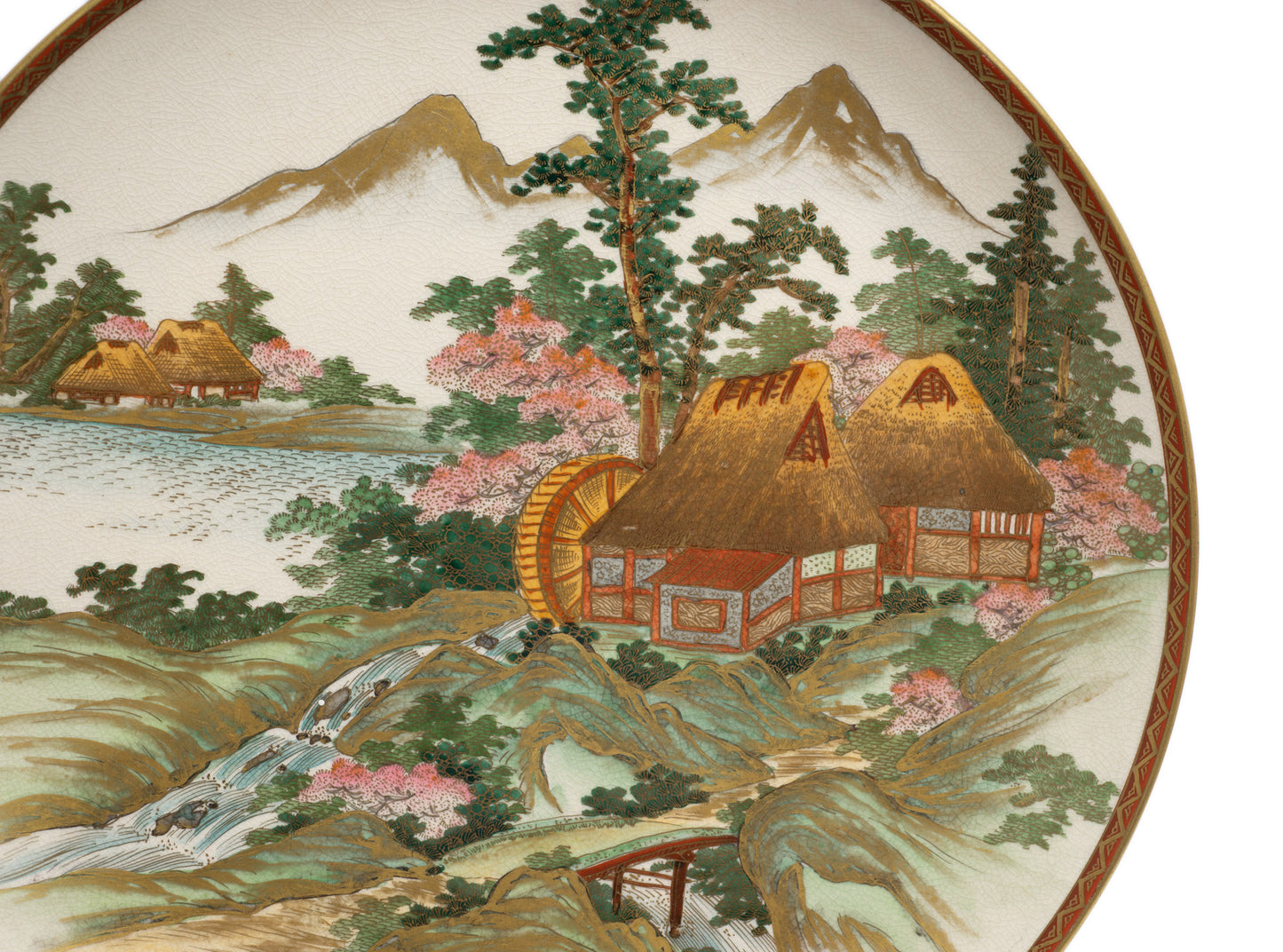 Japanese Satsuma Ware Pottery Plate with Watermill & Mountains by Yuzan - Meiji (Code 2646)