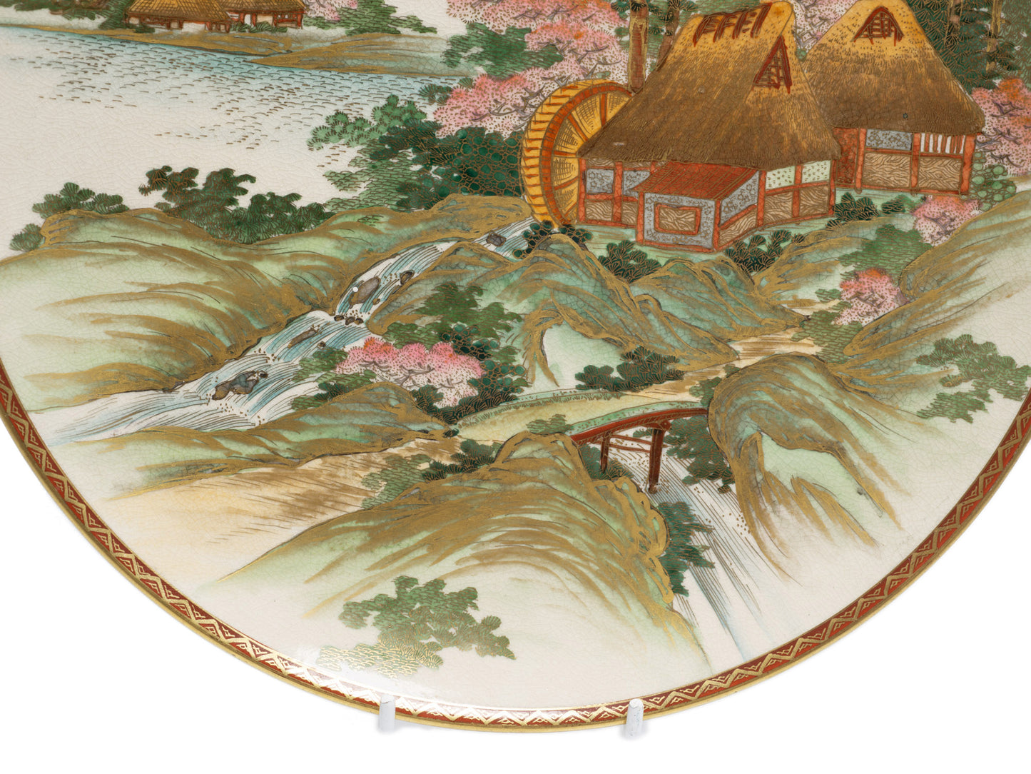 Japanese Satsuma Ware Pottery Plate with Watermill & Mountains by Yuzan - Meiji (Code 2646)