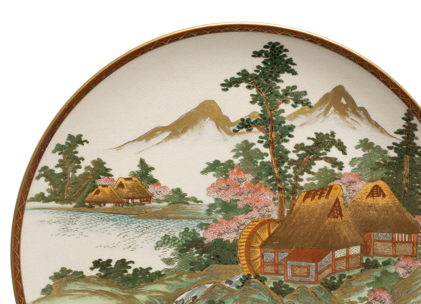 Japanese Satsuma Ware Pottery Plate with Watermill & Mountains by Yuzan - Meiji (Code 2646)