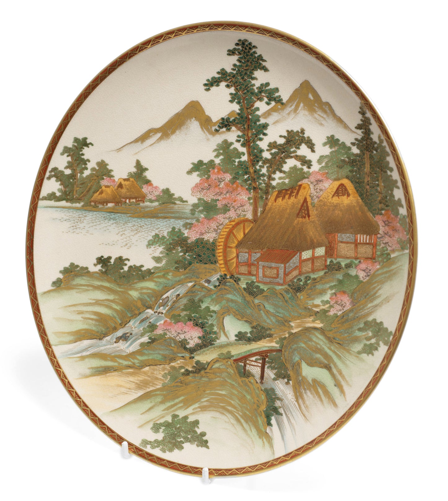 Japanese Satsuma Ware Pottery Plate with Watermill & Mountains by Yuzan - Meiji (Code 2646)