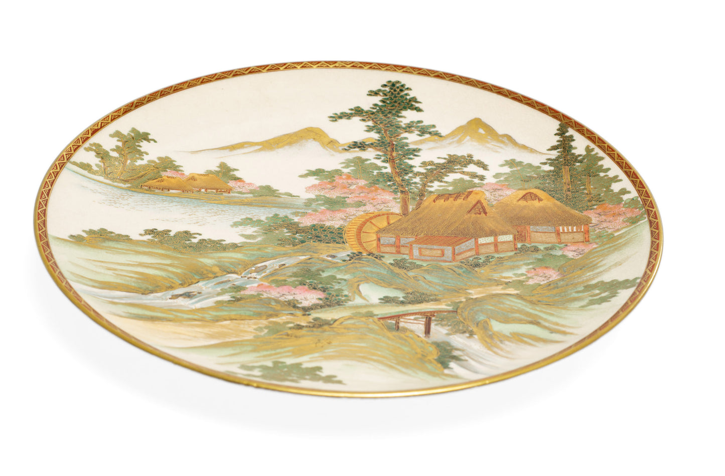 Japanese Satsuma Ware Pottery Plate with Watermill & Mountains by Yuzan - Meiji (Code 2646)