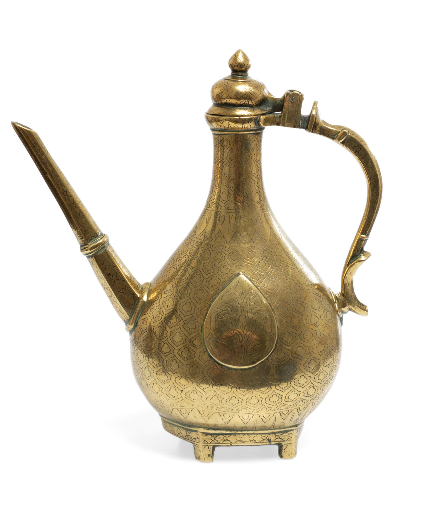 Antique Mughal Indian Islamic Brass Aftaba Ewer Chased Leaves - 18th Century (Code 2653)