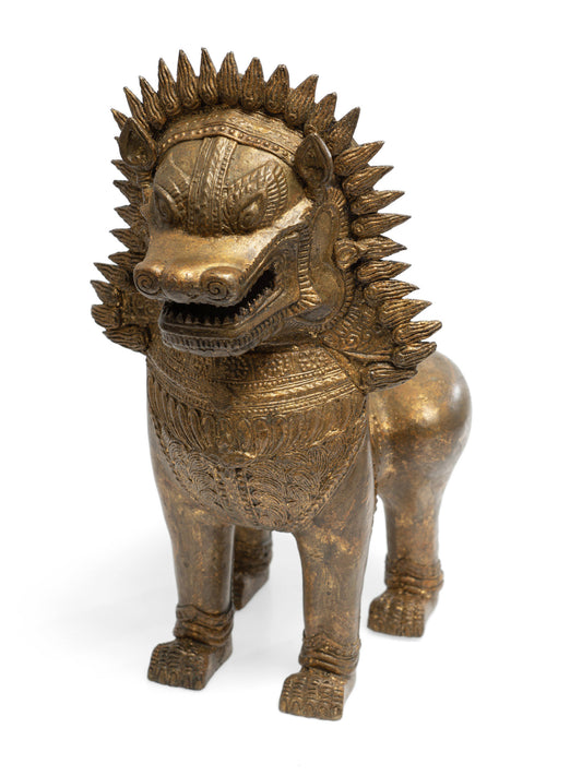 Large Heavy Antique/Vintage Khmer Thai Guardian Temple Singha Lion - Gilt Bronze (Code 2655)