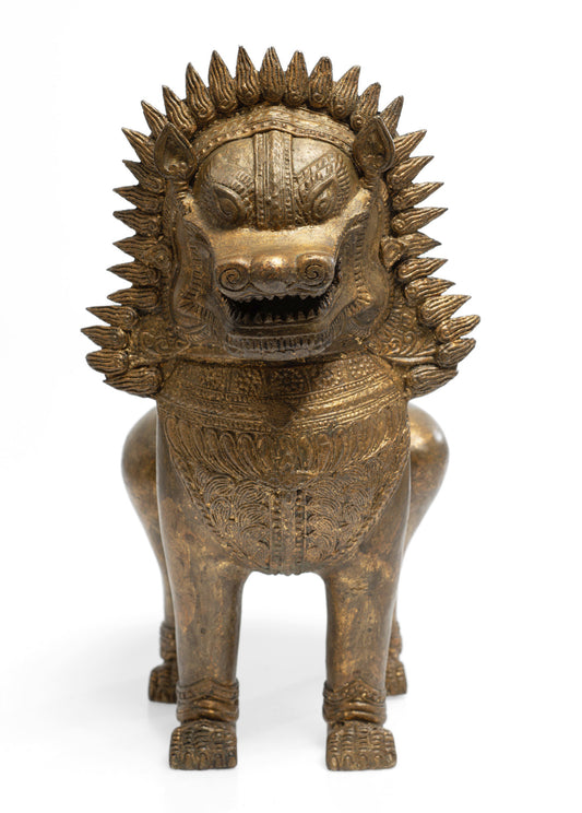 Large Heavy Antique/Vintage Khmer Thai Guardian Temple Singha Lion - Gilt Bronze (Code 2655)