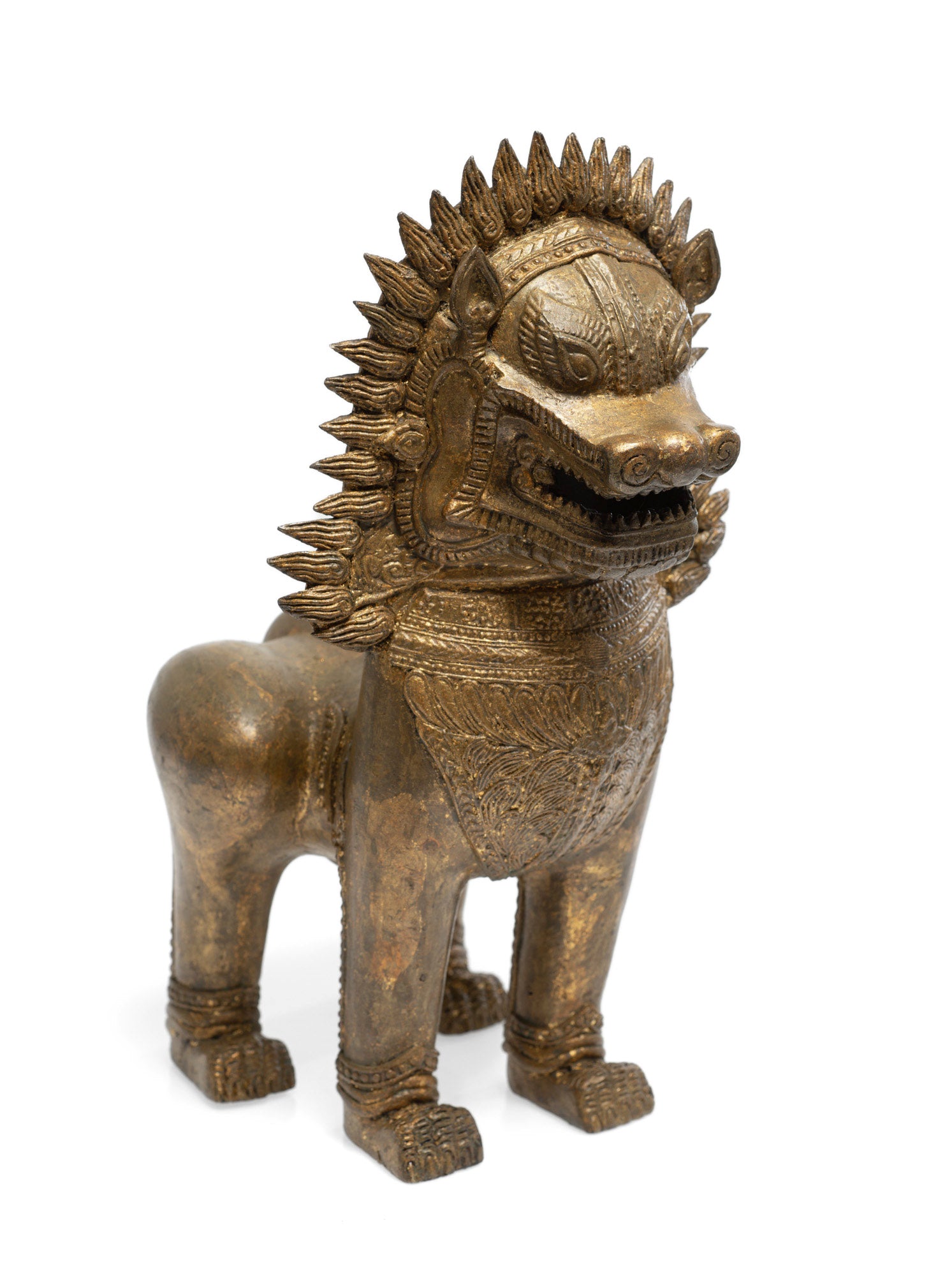 Large Heavy Antique/Vintage Khmer Thai Guardian Temple Singha Lion - Gilt Bronze (Code 2655)