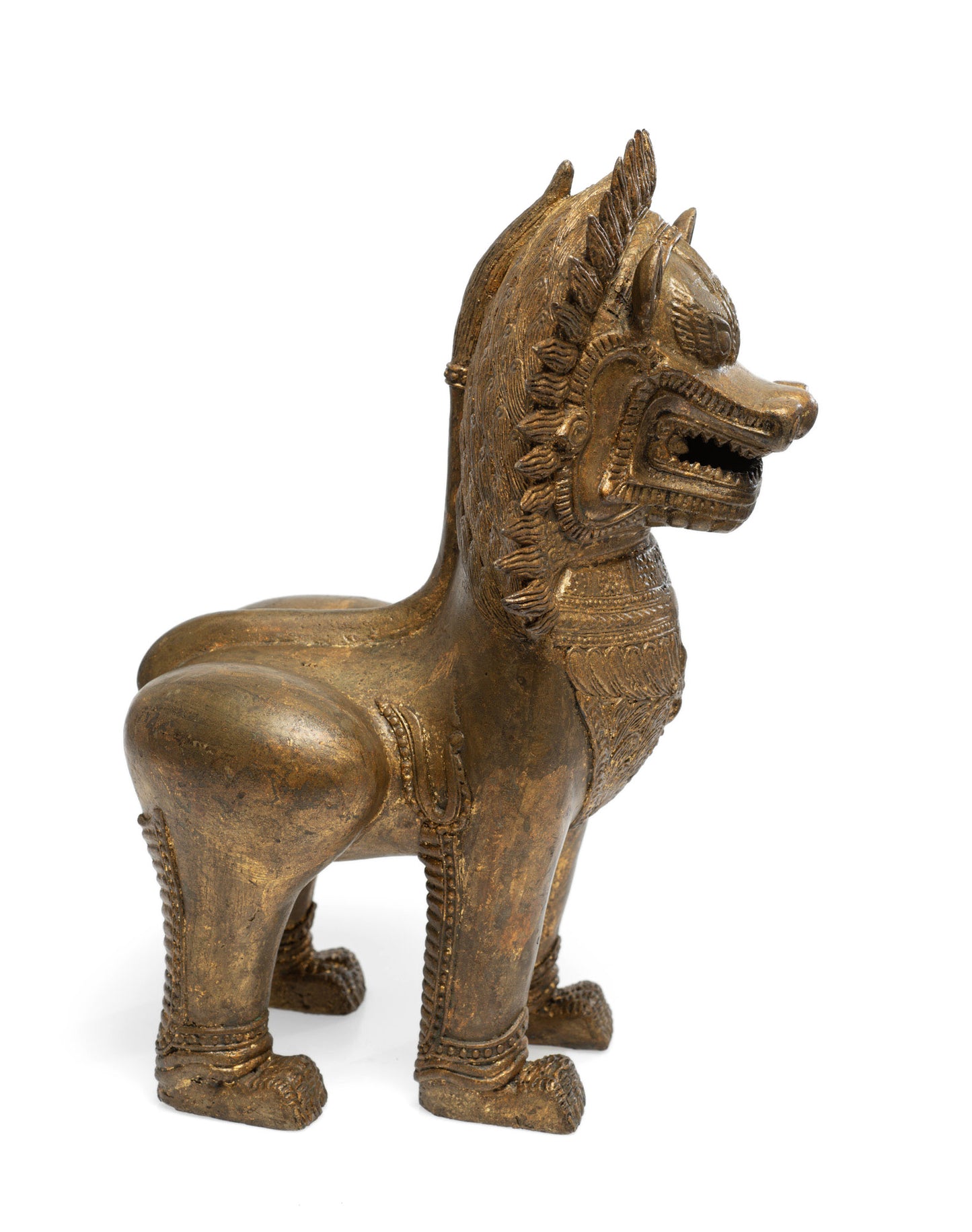 Large Heavy Antique/Vintage Khmer Thai Guardian Temple Singha Lion - Gilt Bronze (Code 2655)