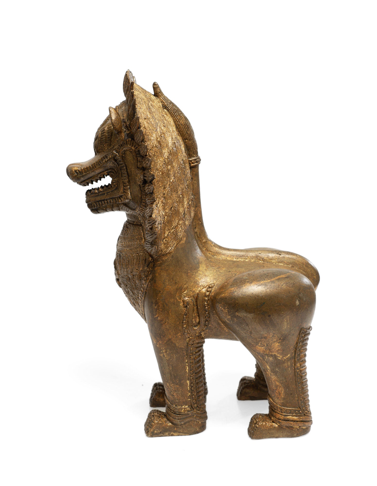 Large Heavy Antique/Vintage Khmer Thai Guardian Temple Singha Lion - Gilt Bronze (Code 2655)