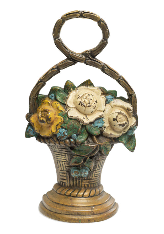 Antique Edwardian Cast Brass & Painted Enamel Flower Baster Door Porter Stop (Code 2656)