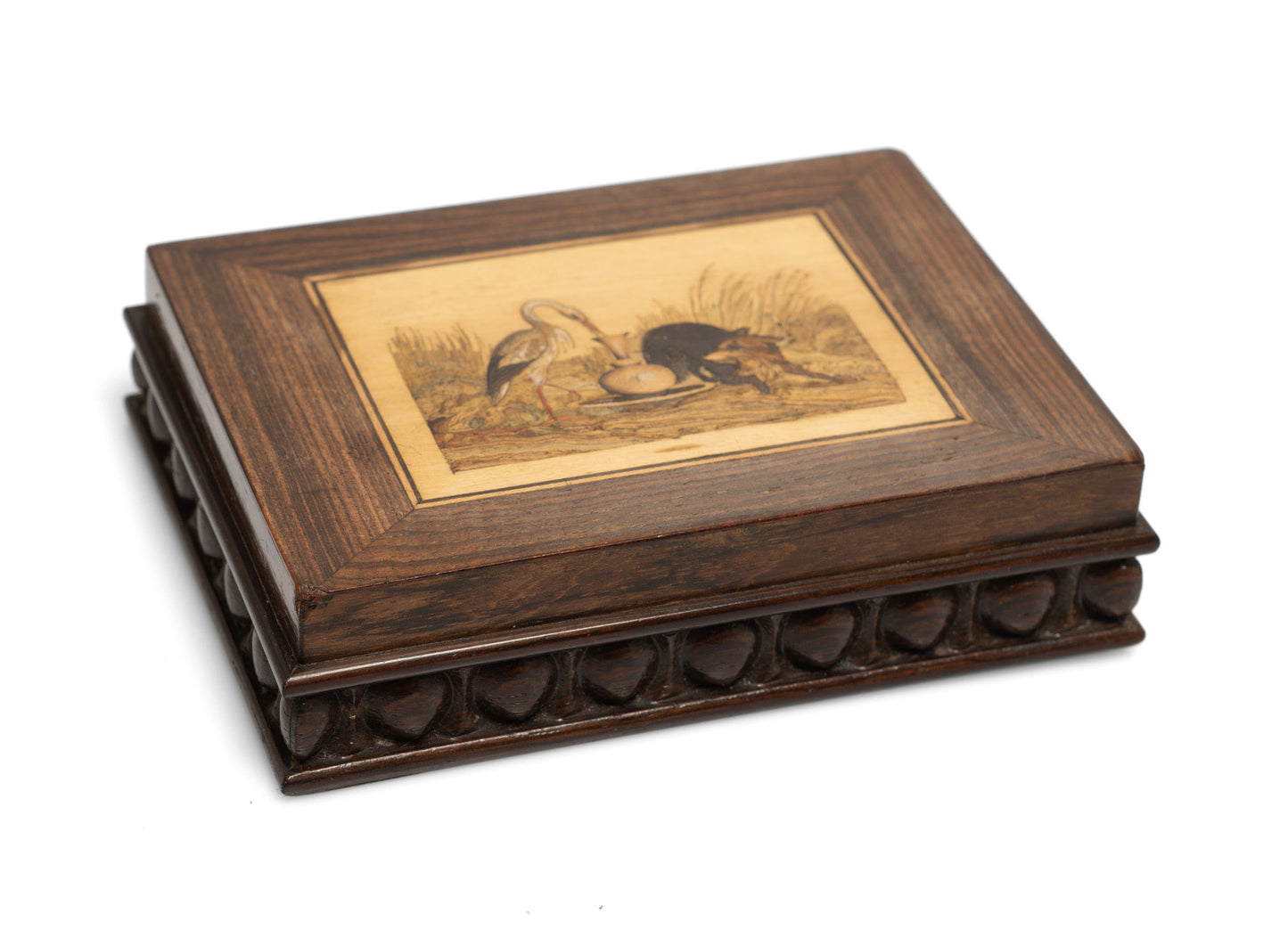 Superb Antique Carved Wood & Marquetry Desk Weight/Paperweight Fox & Stork c1840 (Code 2658)