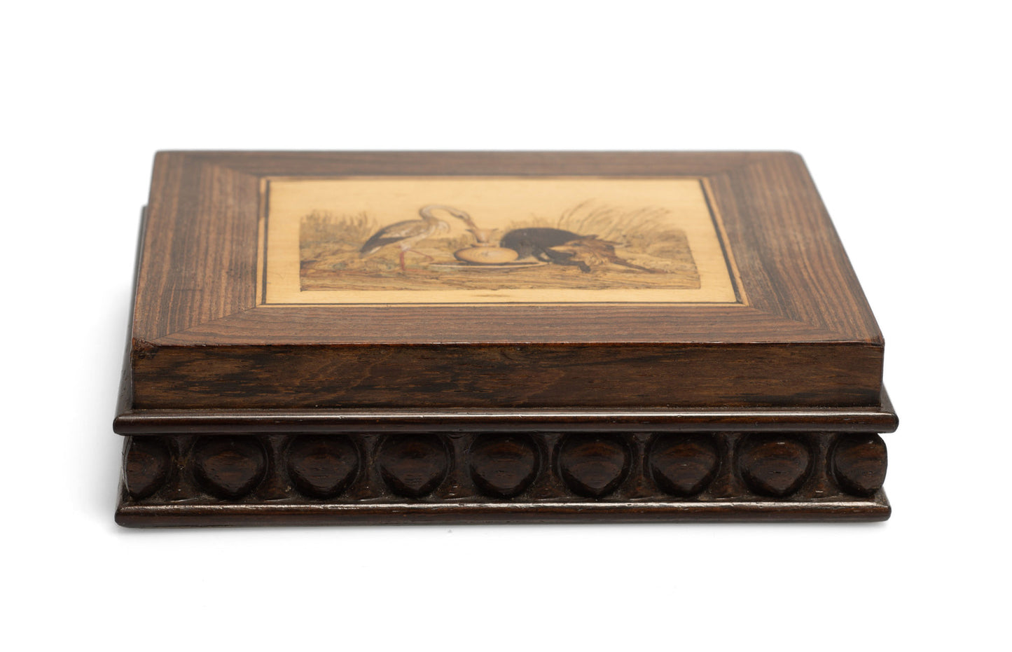 Superb Antique Carved Wood & Marquetry Desk Weight/Paperweight Fox & Stork c1840 (Code 2658)