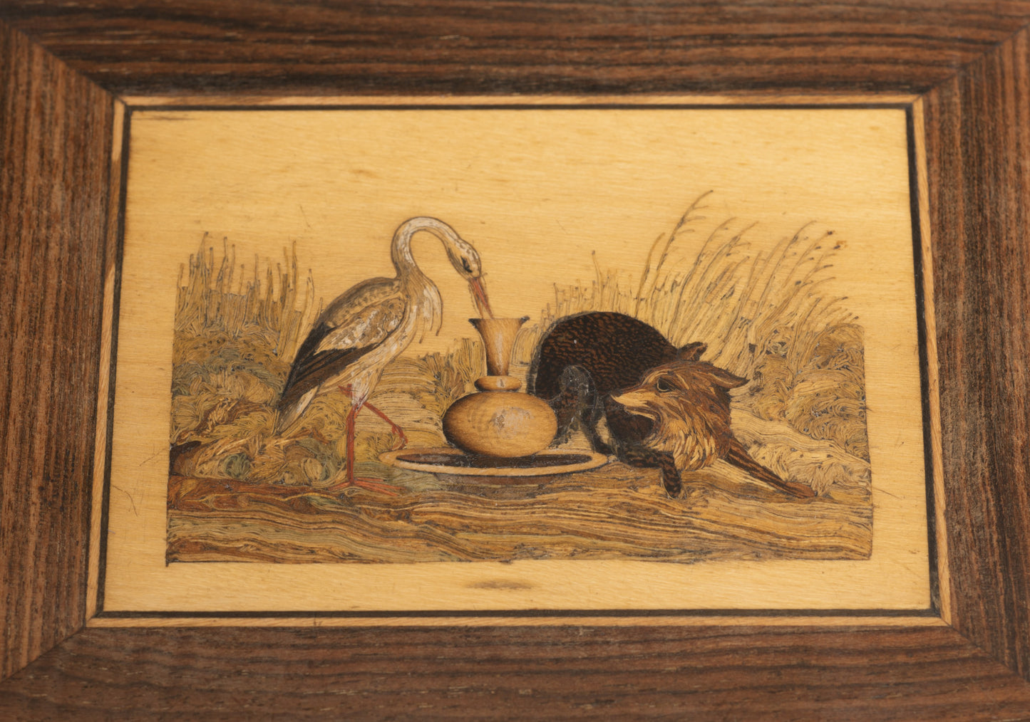Superb Antique Carved Wood & Marquetry Desk Weight/Paperweight Fox & Stork c1840 (Code 2658)