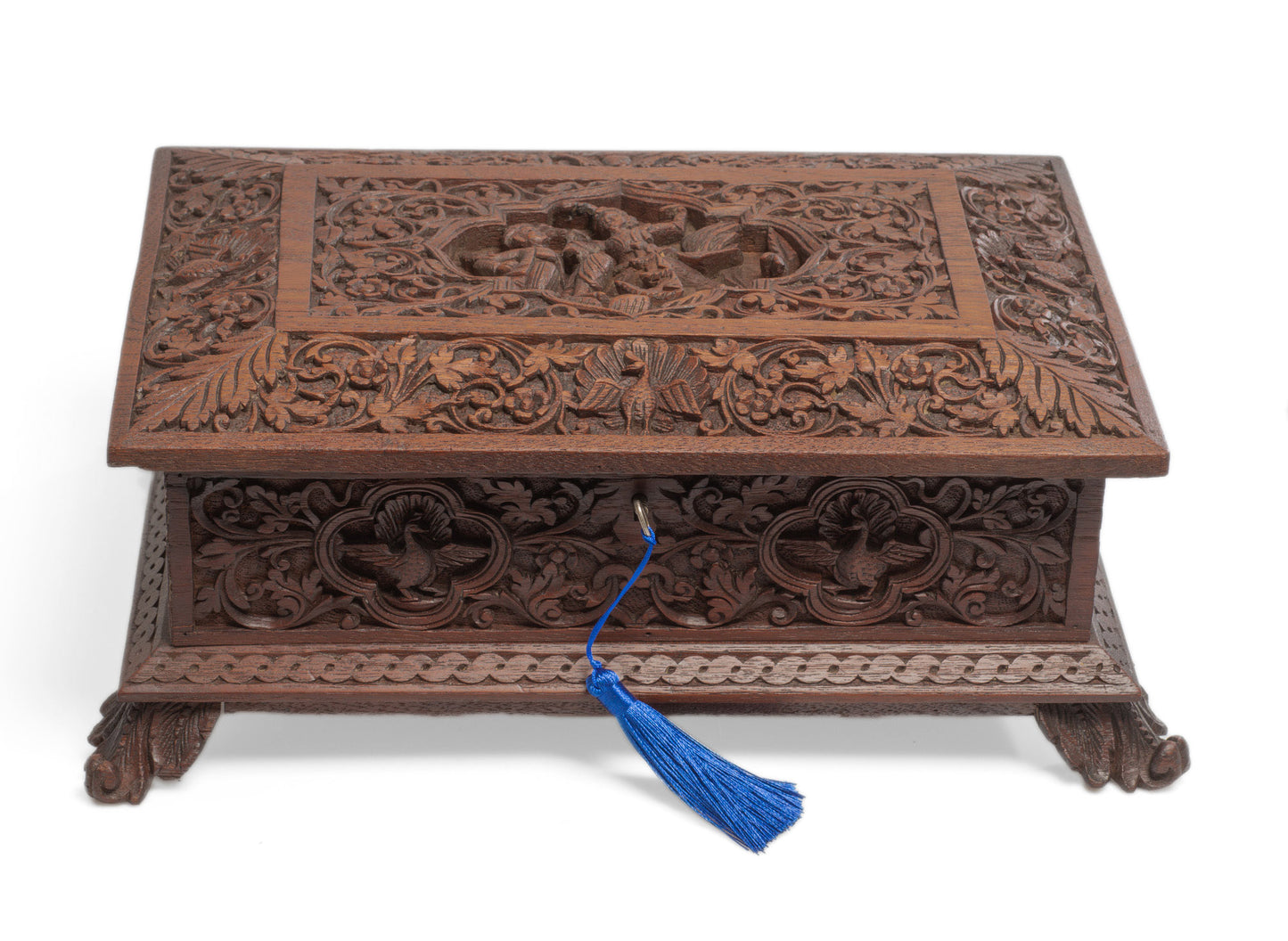 Antique Burmese Carved Wooden Table Box with Kinnara, Elephants & Peacocks (Code 2660)