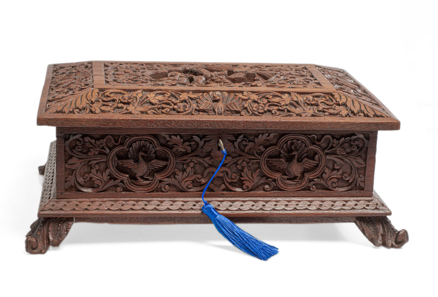 Antique Burmese Carved Wooden Table Box with Kinnara, Elephants & Peacocks (Code 2660)