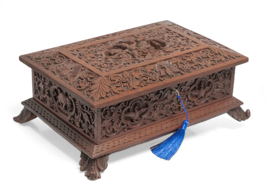 Antique Burmese Carved Wooden Table Box with Kinnara, Elephants & Peacocks (Code 2660)