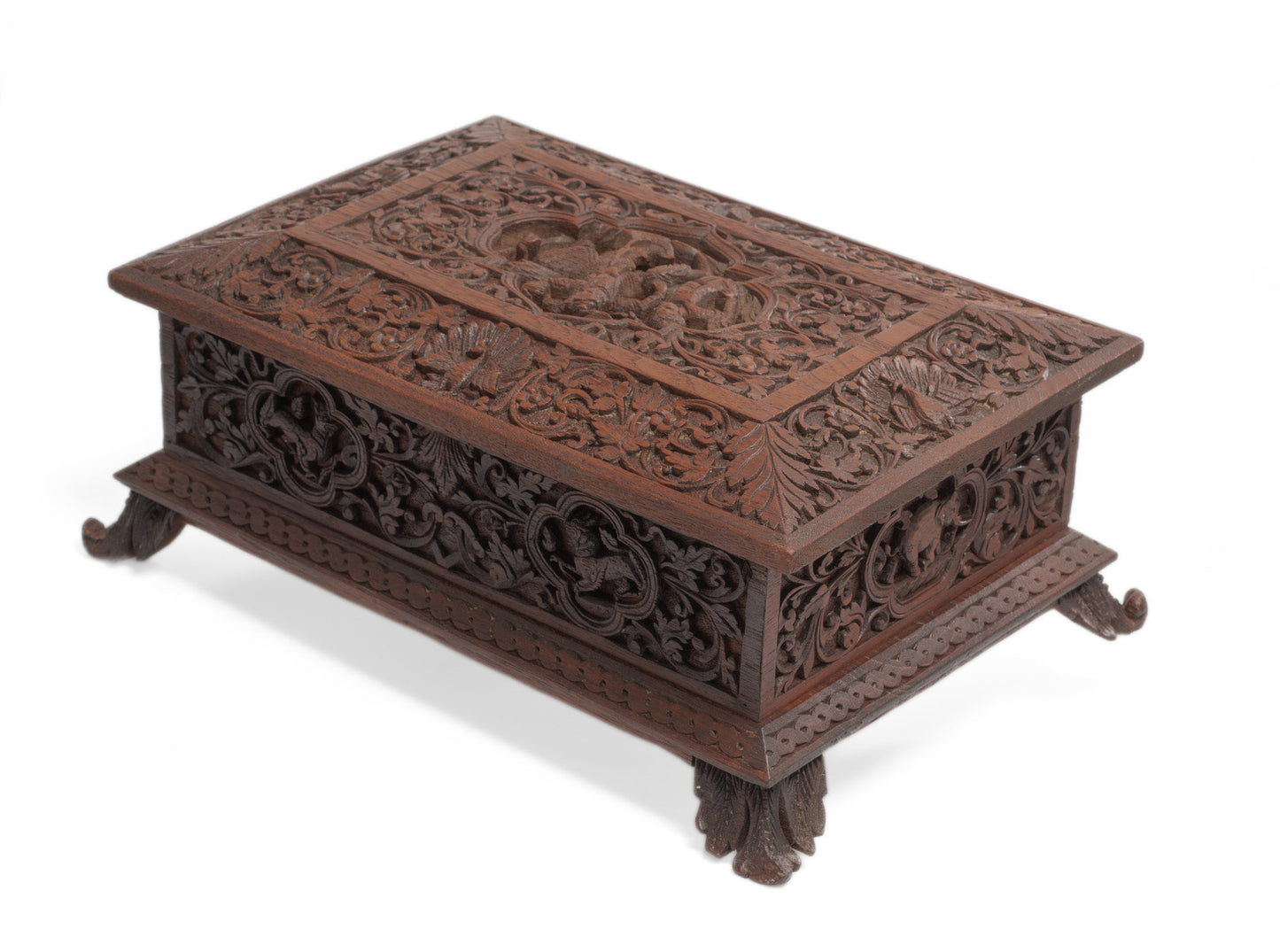 Antique Burmese Carved Wooden Table Box with Kinnara, Elephants & Peacocks (Code 2660)